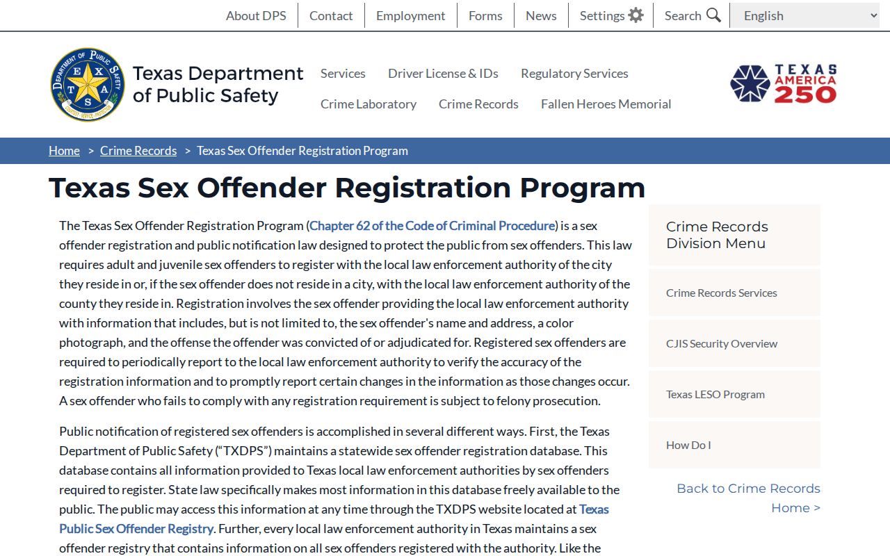Terrell County sex offender registration program information from Texas DPS