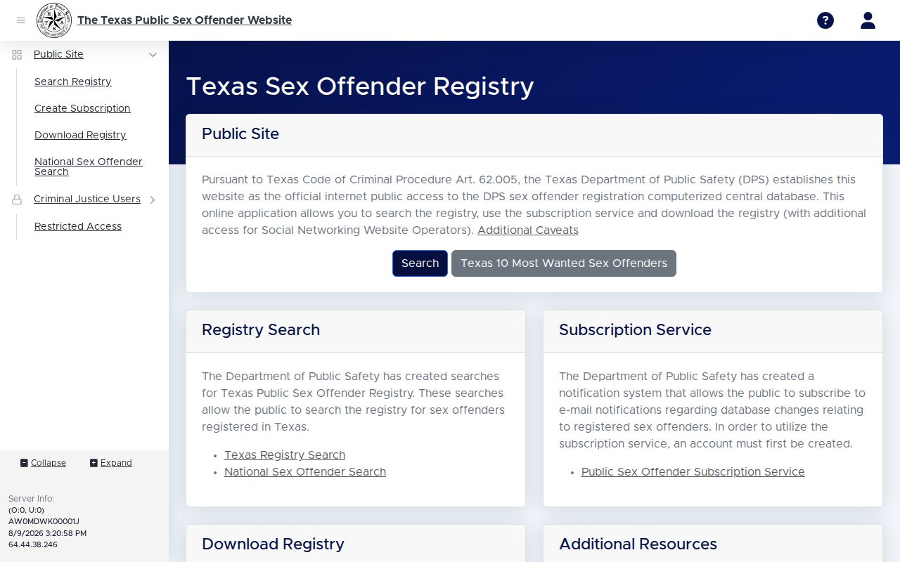 Texas DPS search form for Terrell County sex offender records